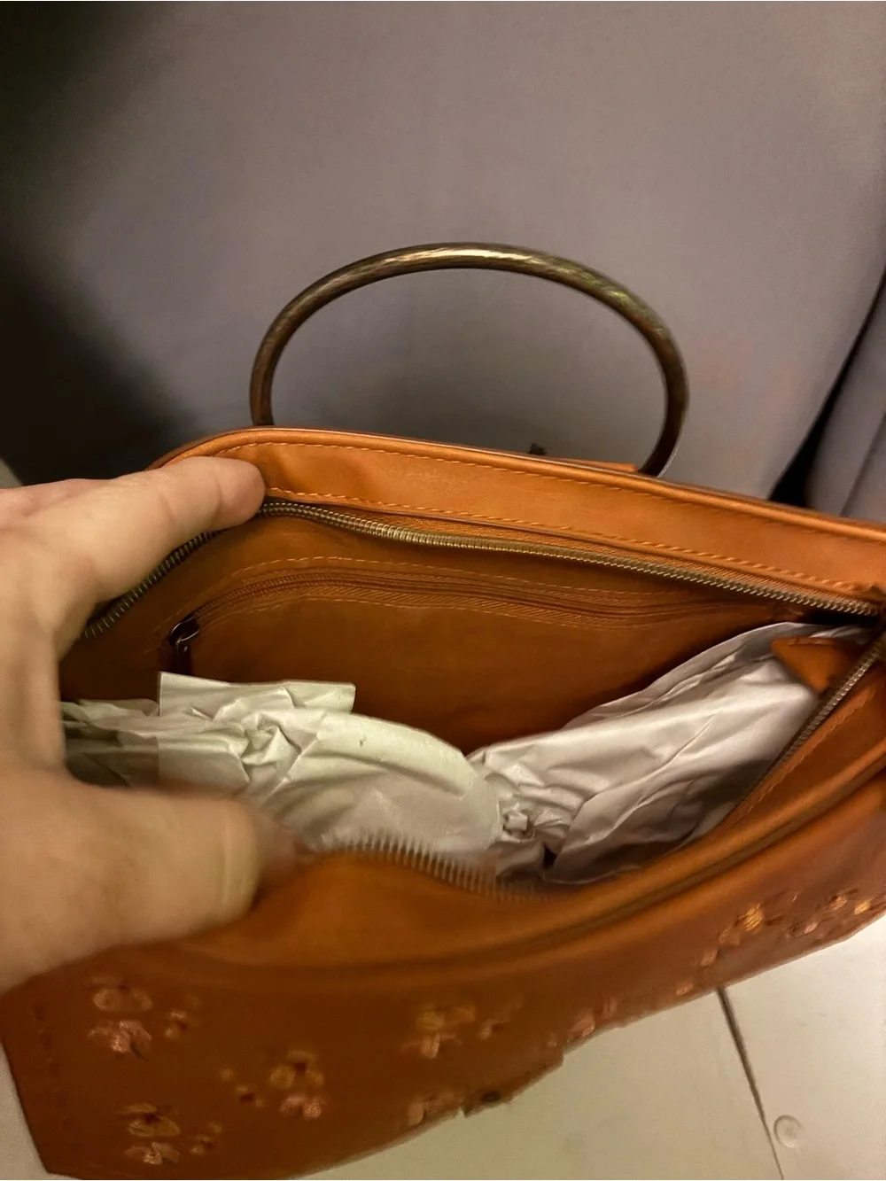 Women's Tan Floral Embroidered Satchel